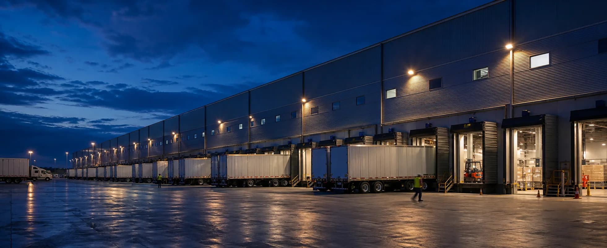 Large distribution hub with trailers positioned at active dock doors.