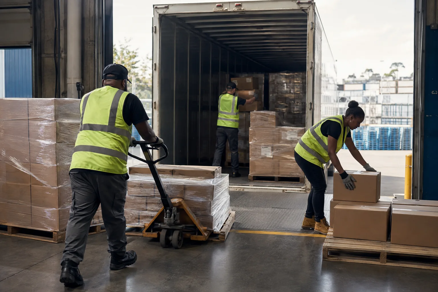 Warehouse crew unloading and staging freight at an active dock.