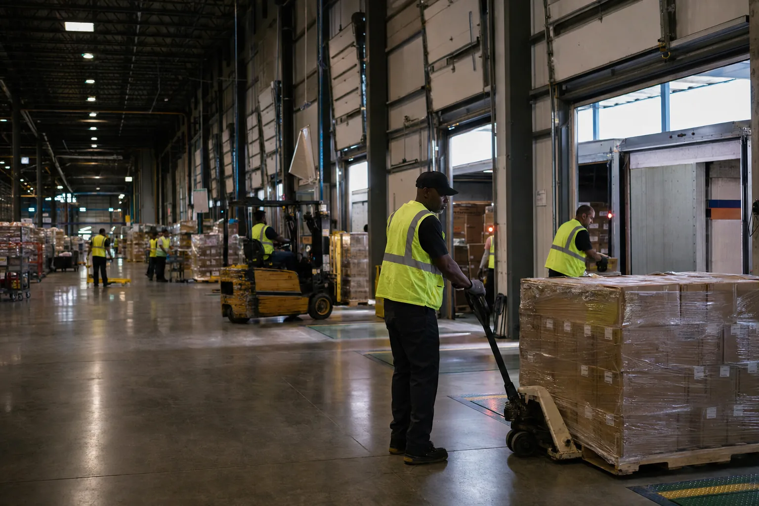 Warehouse team moving palletized freight through an active distribution center.