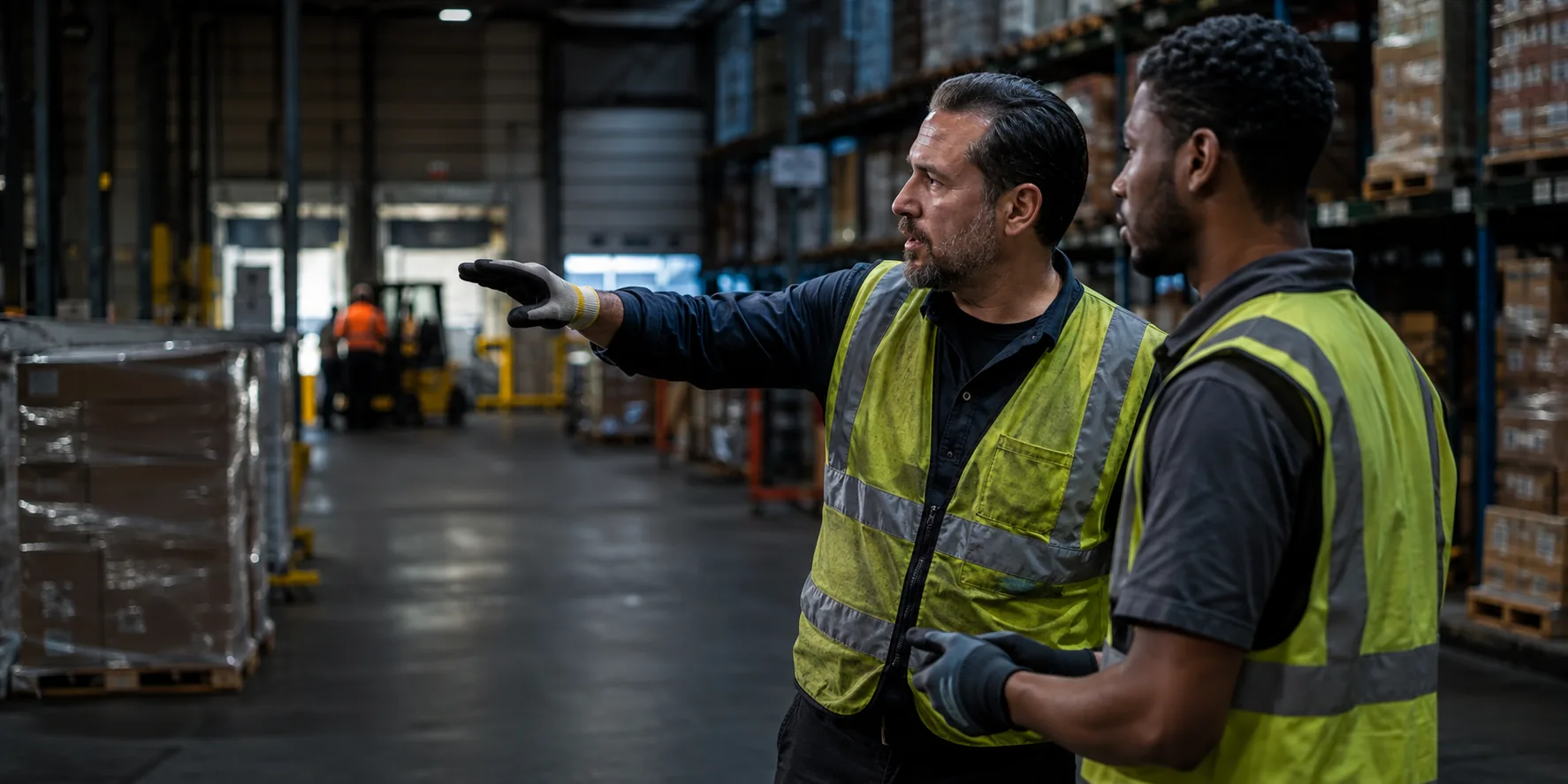 Experienced warehouse supervisor coaching a team member during operations.