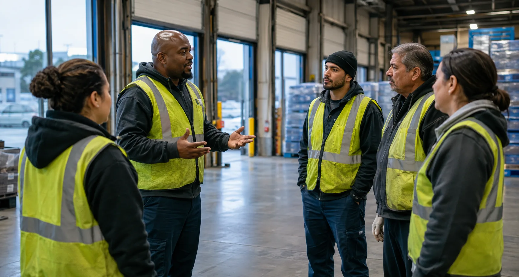 Warehouse lead speaking with a crew during a floor discussion.